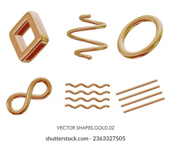 3D realistic render gold figures. Yellow metallic design objects. Vector decorative geometric shapes. Spiral, wavy lines, ring, torus, infinity symbol. Isolated on a white background