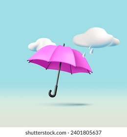 3d realistic render illustration of pink umbrella with rainy clouds in the sky, isolated composition