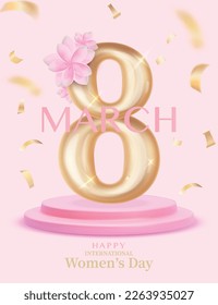 3D realistic render of International women's day concept with podium and pink flowers 