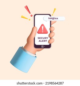 3d realistic render man office hand holds smartphone with warning alert notification notice design concept. Security protection system app. Red triangle notification with error icon. 