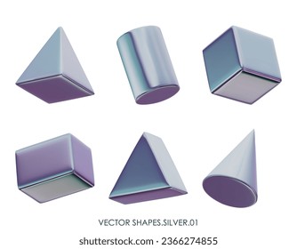 3D realistic render silver figures. Grey, platinum metallic design objects. Vector decorative geometric shapes. Cube, cone, cylinder, pyramid. Isolated on a white background