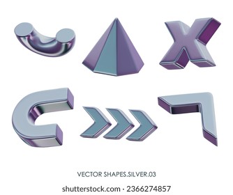 3D realistic render silver figures. Grey, platinum metallic design objects. Vector decorative geometric shapes. Pyramid, Arrows, Cross, Half of torus. Isolated on a white background