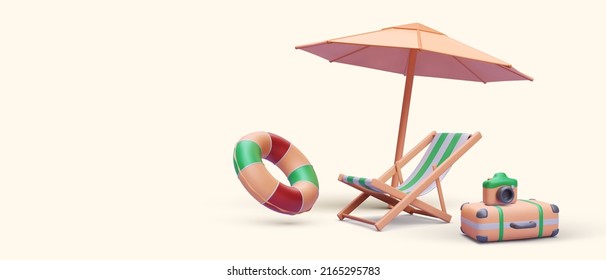 3 d paraguas de representación realista, silla de playa, maleta, cámara, salvavidas. Ilustración del vector