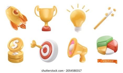 3d realistic render vector icon set. Rocket, cup, light bulb, magic wand, coins, target, megaphone, diagram. Business objects