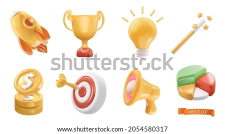 3d realistic render vector icon set. Rocket, cup, light bulb, magic wand, coins, target, megaphone, diagram. Business objects