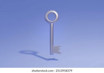 3D realistic rendering of a silver key with a falling shadow. The isolated background is blue. Vector illustration EPS 10