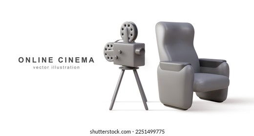 3d realistic retro camera and Cinema armchair. Vector illustration.