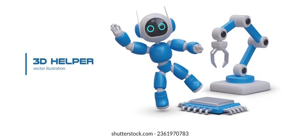 3d realistic robot. Mechanical hand. Industrial robot manipulator. Poster with 3d helper. Modern industrial technology. Vector illustration in cartoon style in blue colors