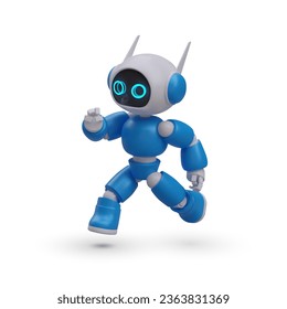 3d realistic robot running to help on white background. Friendly robot serviceman. Modern model of robot for electronics store. Vector illustration in blue colors
