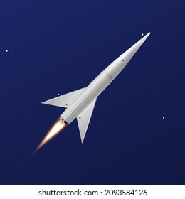 3D realistic rocket flying straight to space after take off launch. Space shuttle in gradient night sky, vector illustration. Spaceship mission.