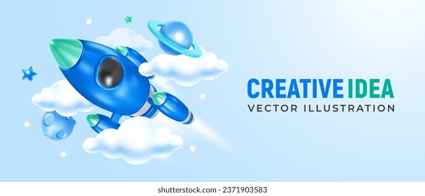 3d realistic Rocket or spaceship flies in space with planets and clouds on blue background. Start up, launch new project, business challenge or achievement concept. Vector illustration. 