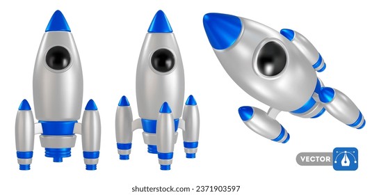 3d-realistische Rakete, Raumschiff-Set, grau, silber und blau, aus verschiedenen Blickwinkeln einzeln auf weißem Hintergrund. Start, Start des neuen Projekts, Business-Errungenschaft-Konzept. Vektorgrafik