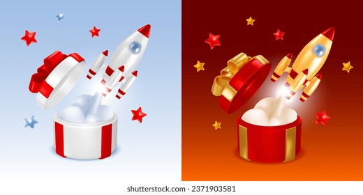 3d Cohetes o nave espacial realista despegando de una caja de regalo abierta aislada de fondo rojo y azul. Iniciar, lanzar un nuevo proyecto, un logro comercial o un concepto sorpresa. Ilustración del vector