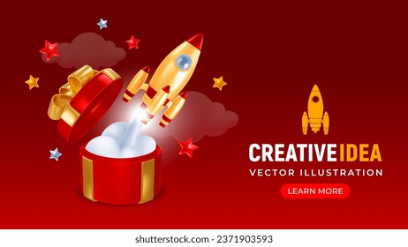 3d realistic Rocket or spaceship taking off from open gift box with white smoke on red background. Start up, launch new project, business challenge, achievement or surprise concept. Vector illustratio