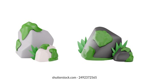 Rocas 3D realistas. Dos composiciones de Grande y Pequeña piedra lisa. Las rocas estaban cubiertas de musgo verde, hierba y arbustos. Color gris. Ilustración vectorial aislada sobre fondo blanco.