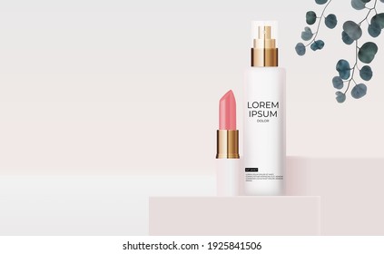 3D Realistic rose Pastel Cream Bottle and lipstick with eucalyptus leaves. Design Template of Fashion Cosmetics Product  for Ads, flyer or Magazine Background. Vector Illustration  EPS10