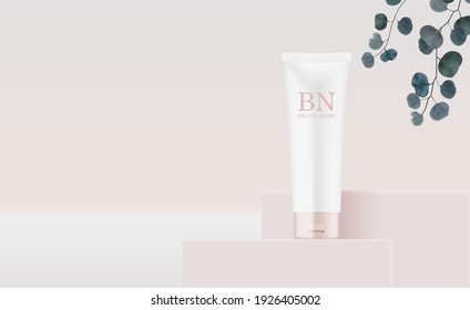 3D Realistic rose Pastel Cream Bottles on pedestal Background and eucalyptus leaves. Design Template of Fashion Cosmetics Product  for Ads, flyer or Magazine Background. Vector Illustration EPS10