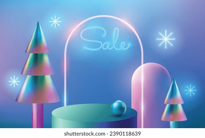 pedestal de podio circular 3D realista con arco brillante, árbol de navidad gradiente holográfico y copo de nieve. Escenario con brillante decoración iridiscente. Plataforma para descuento de invierno, venta. Afiche publicitario