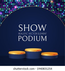 3D realistic round posium with sequence background. Empty stage. Showcase design.