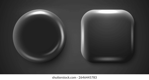 3d Realistic Round and Square Black Plastic, Blank Empty Glossy Button Badge Set Isolated. Front View. Top View. Template for Branding, Mock-up. Vector
