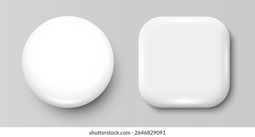 3d Realistic Round and Square White Plastic, Blank Empty Glossy Button Badge Set Isolated. Front View. Top View. Template for Branding, Mock-up. Vector