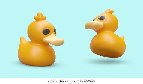 3d pato de caucho realista en diferentes posiciones. Juguete amarillo para bañar a los niños en el baño. El concepto de ocio, ocio, natación, higiene. Ilustración del vector