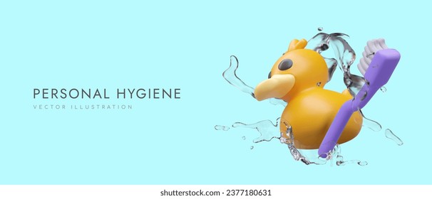 3d realistic rubber duck and purple toothbrush in splash of water. Time for bath. Concept of personal hygiene. Poster with blue background and place for text. Vector illustration