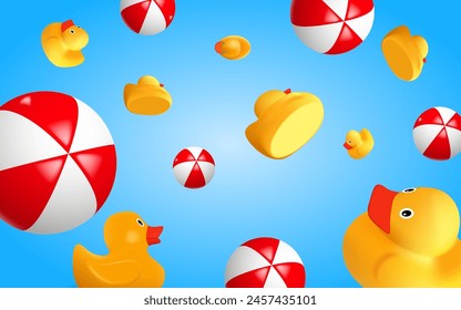 3d realistic rubber ducks and beach balls in blue sky. Hello summer background