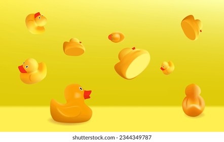 3d realistic rubber ducks in yellow room. Background with falling rubber ducks
