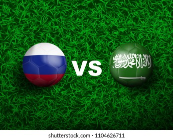 3D realistic of Russia versus Saudi Arabia soccer ball on grass background. Concept for national soccer match result in vector illustration.