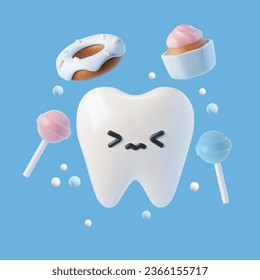 El diente blanco triste y realista 3D se siente mal porque está expuesto a los dulces. Odontología poco saludable y riesgo de caries. Ilustración vectorial del dolor de dientes de caricatura. Diente divertido y molesto, el personaje de rendimientos parece asustado