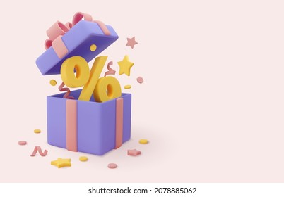 3d realistic sale banner template. Opened gift box with discount, stars and tinsel. Vector 3d render illustration.