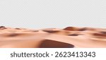 3D realistic sand beach landscape isolated on a transparent background. Render of desert dunes with sandy texture. Beach travel, product podium, and summer sale concept. 3D realistic vector