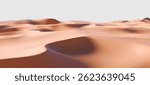 3D realistic sand beach landscape isolated on a transparent background. Render of desert dunes with sandy texture. Beach travel, product podium, and summer sale concept. 3D realistic vector