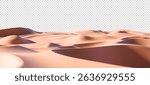 3D realistic sand beach landscape isolated on a transparent background. Render of desert dunes with sandy texture. Beach travel, product podium, and summer sale concept. 3D realistic vector
