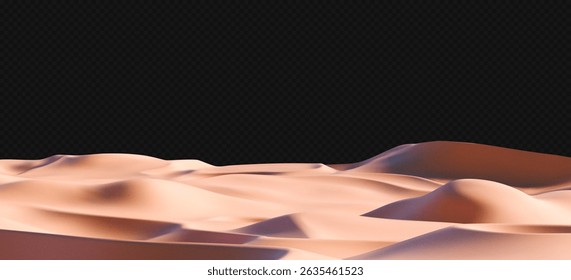 3D realistic sand beach landscape isolated on a dark background. Render of desert dunes with sandy texture. Beach travel, product podium, and summer sale concept. 3D realistic vector