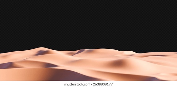 3D realistic sand beach landscape isolated on a dark background. Render of desert dunes with sandy texture. Beach travel, product podium, and summer sale concept. 3D realistic vector