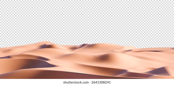 3D realistic sand beach landscape isolated on a transparent background. Render of desert dunes with sandy texture. Beach travel, product podium, and summer sale concept. 3D realistic vector