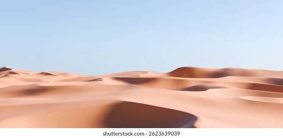 Paisagem de dunas de areia realista 3D com colinas e terreno de verão quente. Renderização de duna do deserto ou praia com textura arenosa e céu de pôr do sol azul. Conceito de pódio e venda de verão do produto. Vetor 3D realista