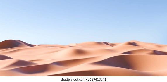 3D realistic sand dunes landscape with hills and hot summer terrain. Render of desert dune or beach with sandy texture and blue sunset sky. Product podium and summer sale concept. 3D realistic vector