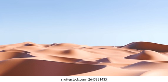 3D realistic sand dunes landscape with hills and hot summer terrain. Render of desert dune or beach with sandy texture and blue sunset sky. Product podium and summer sale concept. 3D realistic vector