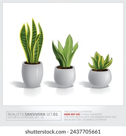 3d realista Sansevieria planta ilustración vectorial conjunto al aire libre o planta de suelo interior en olla blanca para el diseño de interiores y jardinería para el hogar.