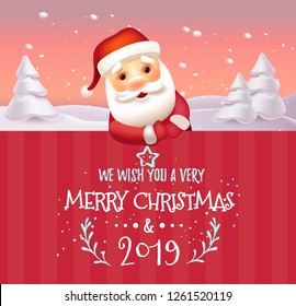 3D Realistic Santa Claus Cartoon Character Showing Merry Christmas Tittle Written in Red Letter Paper Space. Vector Illustration Holiday message with Santa Clous. Vector illustration. EPS 10