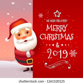 3D Realistic Santa Claus Cartoon Character Showing Merry Christmas Tittle Written in Red Letter Paper Space. Vector Illustration Holiday message with Santa Clous. Vector illustration. EPS 10