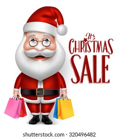 3D Realistic Santa Claus Cartoon Character Holding Shopping Bags Isolated in White Background. Vector Illustration
