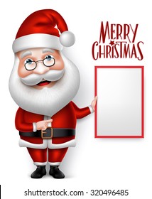 3D Realistic Santa Claus Cartoon Character Holding Blank Board Isolated in White Background with Merry Christmas Title. Vector Illustration
