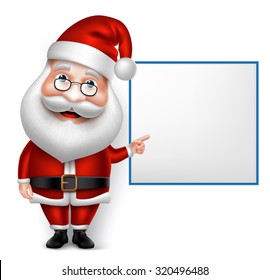 3D Realistic Santa Claus Cartoon Character for Christmas Holding Blank Board Isolated in White Background. Vector Illustration
