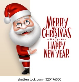 3D Realistic Santa Claus Cartoon Character Showing  Merry Christmas Tittle Written  in Blank Space. Vector Illustration
