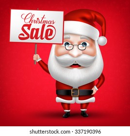 3D Realistic Santa Claus Cartoon Character Holding Christmas Sale Placard in Red Background. Vector Illustration
