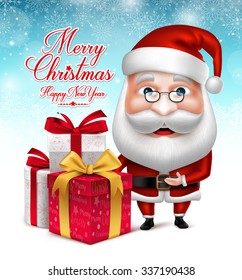 3D Realistic Santa Claus Cartoon Character Holding Collections of Christmas Gifts in Snow Background. Vector Illustration
